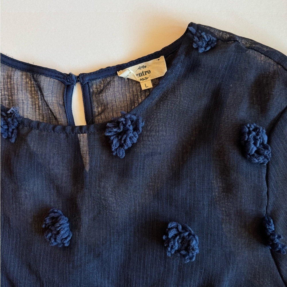 Entro Sheer Pom Pom Peplum Blouse | Navy | Size Large - Picture 3 of 4